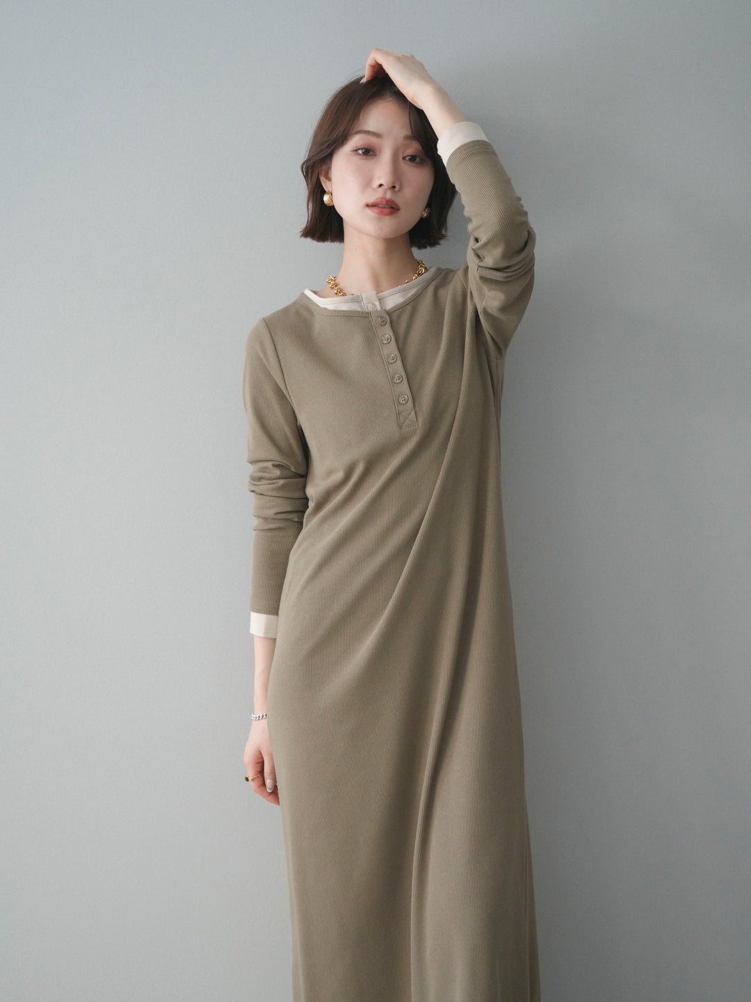 [予約]配色レイヤードヘンリーネックカットリブワンピース/mocha