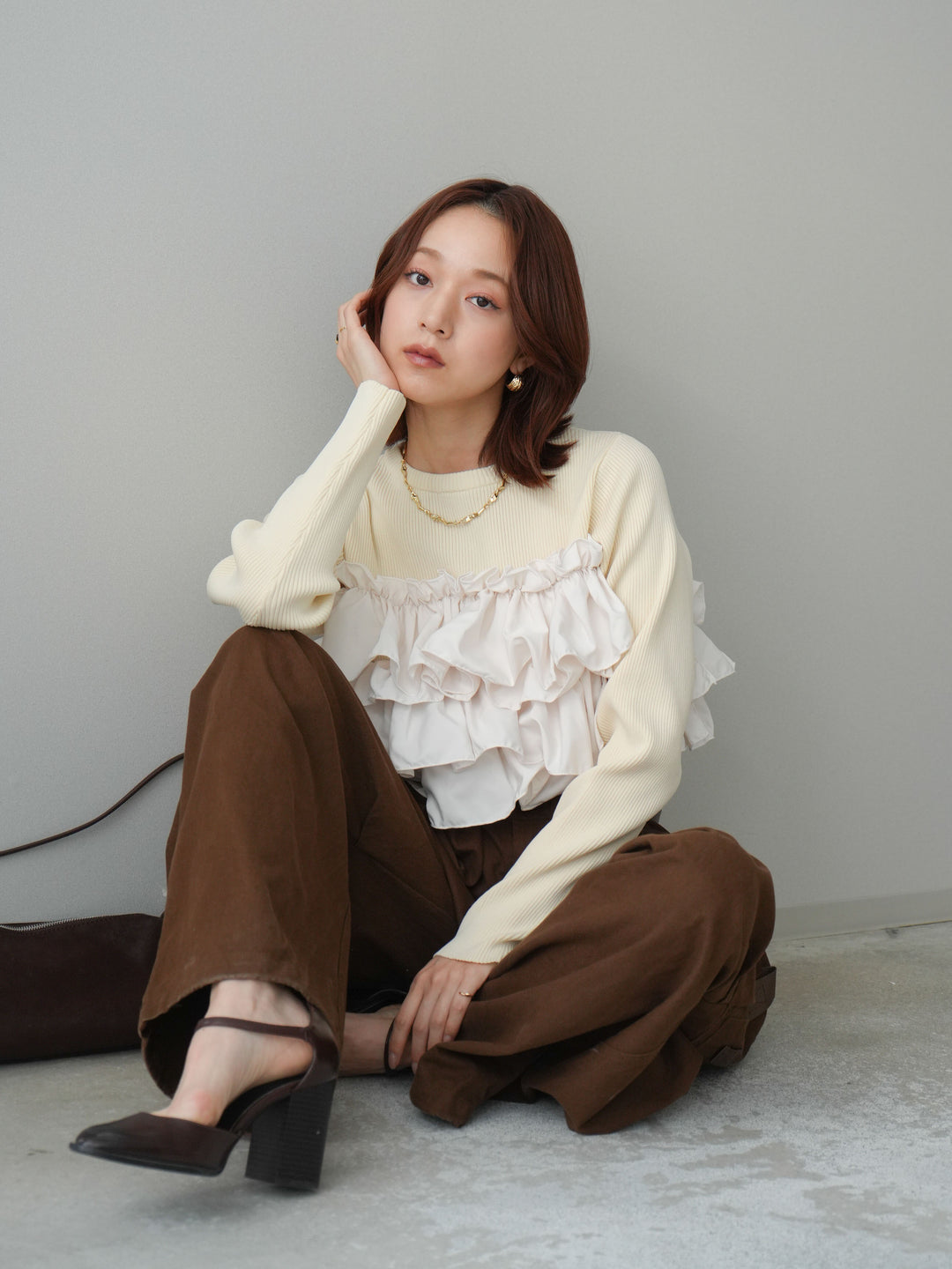 [SET]フリルビスチェドッキングスポンジニットプルオーバー+コットンタックループパンツ(2set)