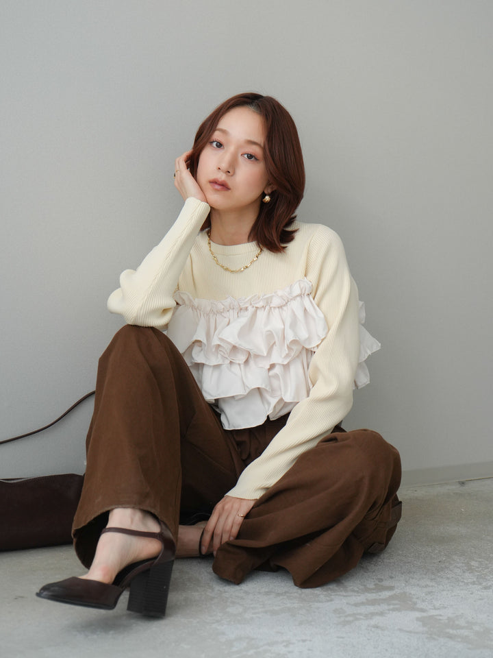 [SET]フリルビスチェドッキングスポンジニットプルオーバー+コットンタックループパンツ(2set)