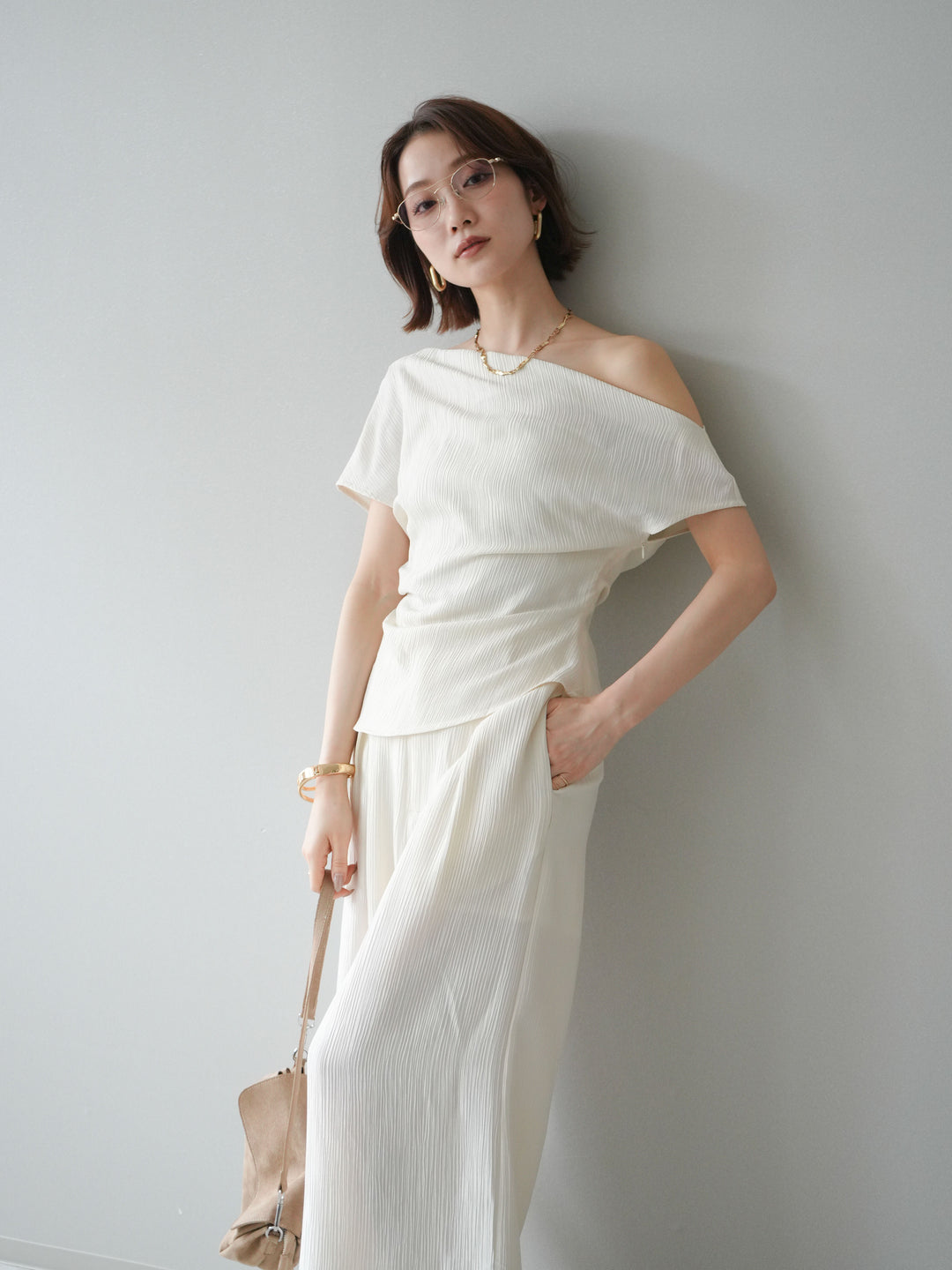 [SET]クレープアシンメトリーギャザートップス+クレープドレープタックパンツ(2set)