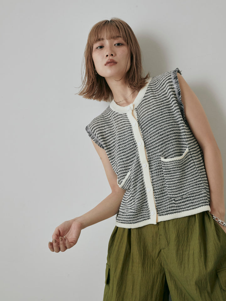 [予約]ボーダー袖フリンジニットベスト/オフ