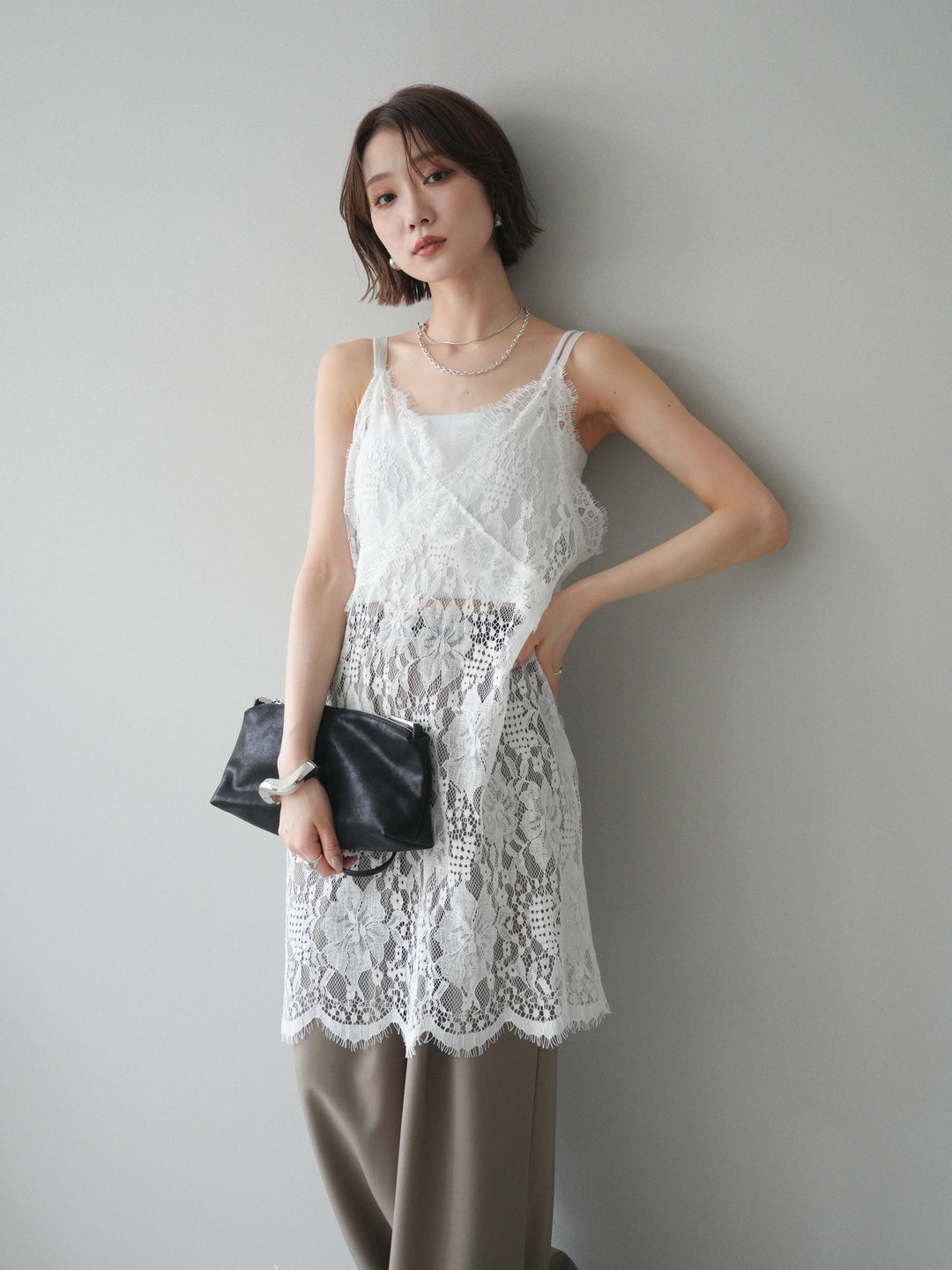 [SET]総レースチュニックキャミソール+ベルト付キーホルダーモチーフワイドパンツ(2set)