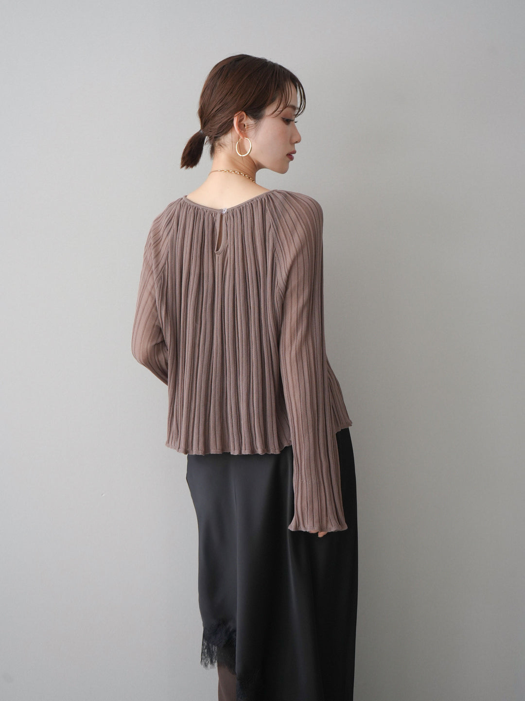 [SET]プリーツシアーフレアスリーブニットトップス+センターシームフレアパンツ(2set)