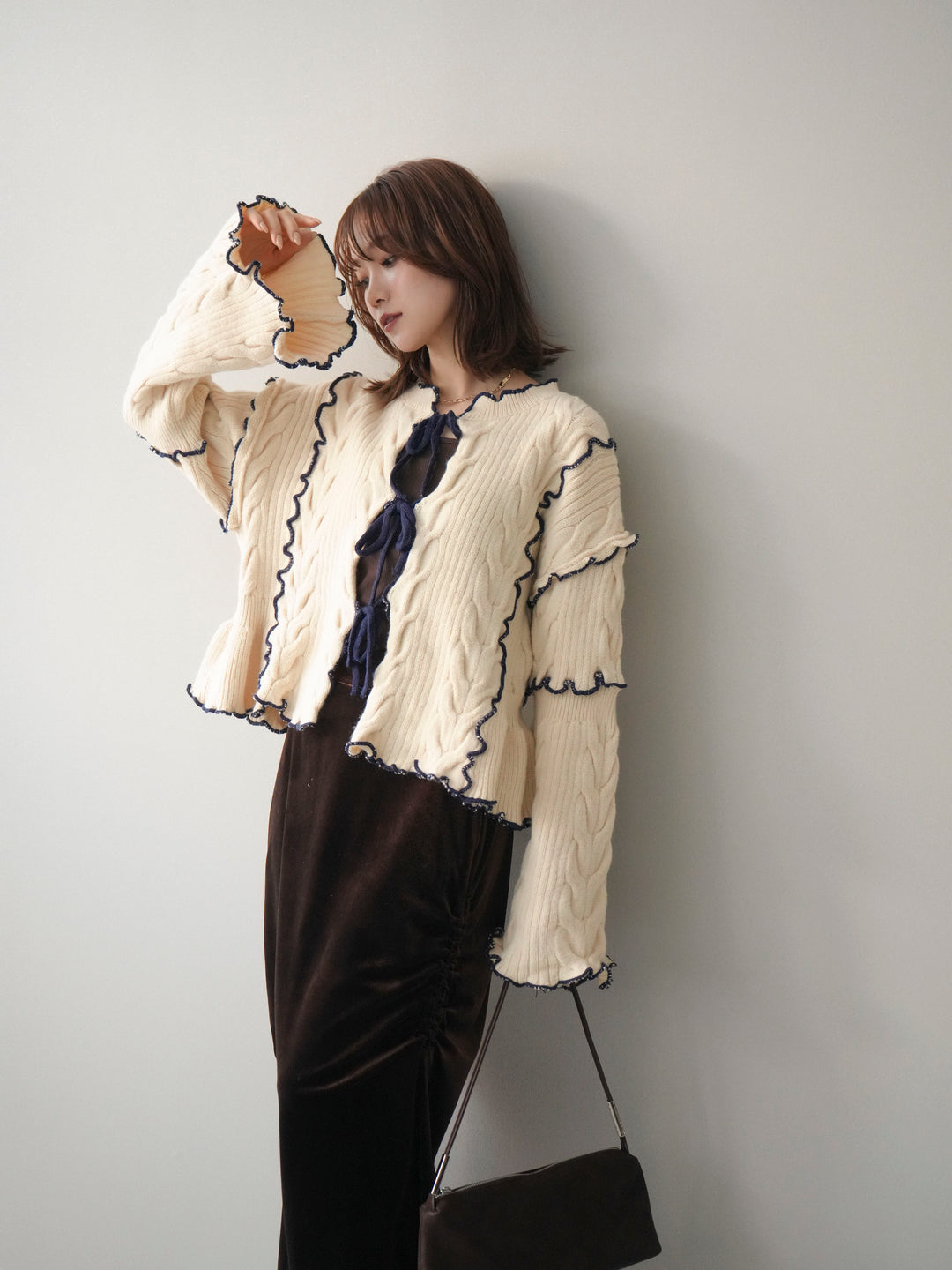 [SET]フロントリボン配色メローニットカーディガン+選べるアクセセット(2set)