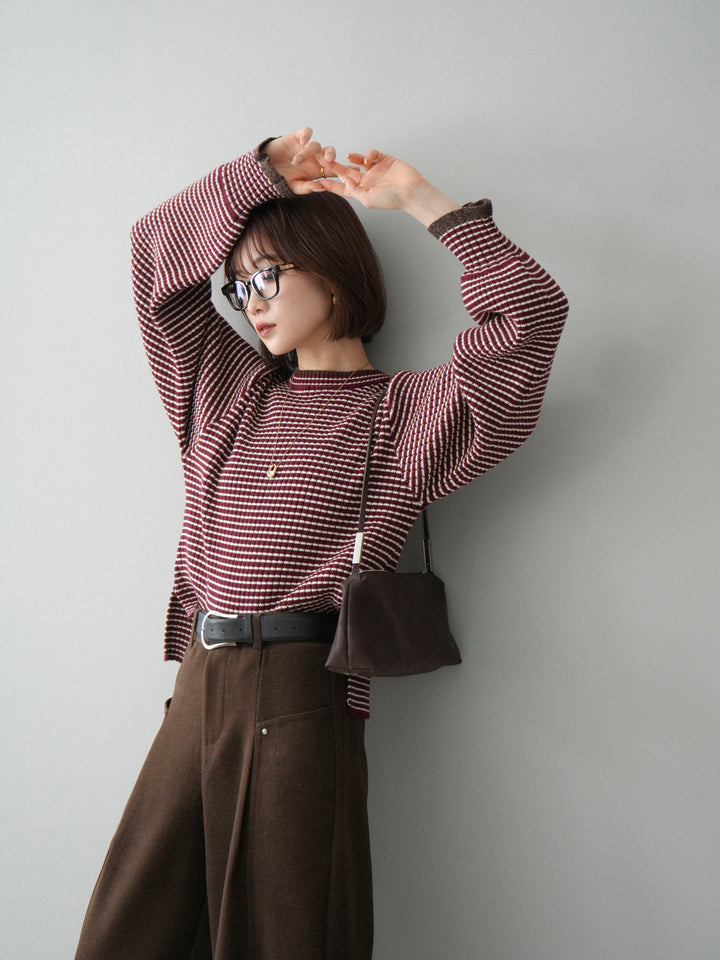 [予約]ラメ異素材ボーダーリブニットプルオーバー/bordeaux×brown