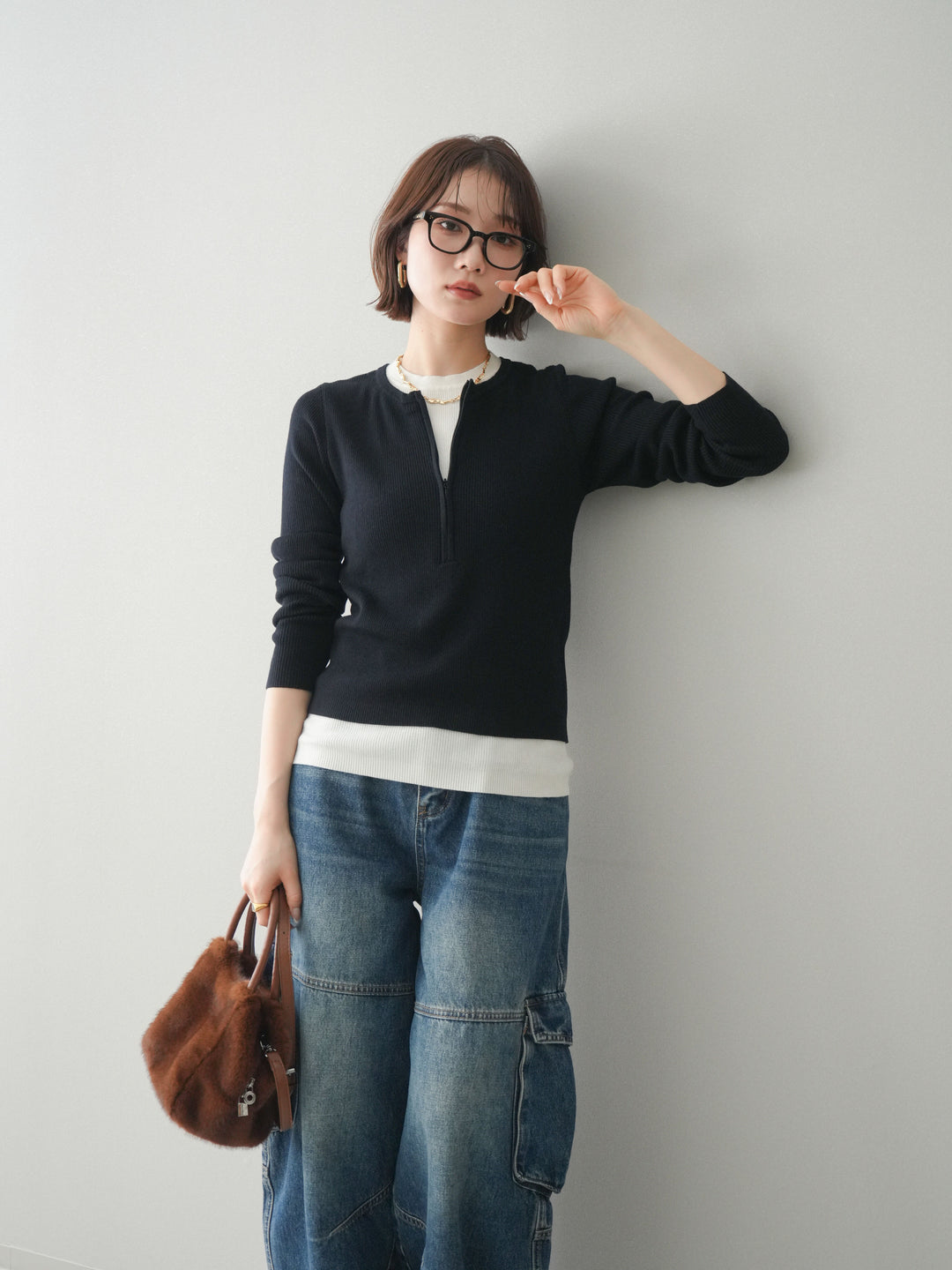 [予約]フロントジップ配色レイヤードニットトップス/navy