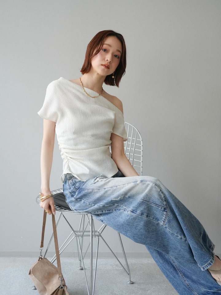 [予約]クレープアシンメトリーギャザートップス/white