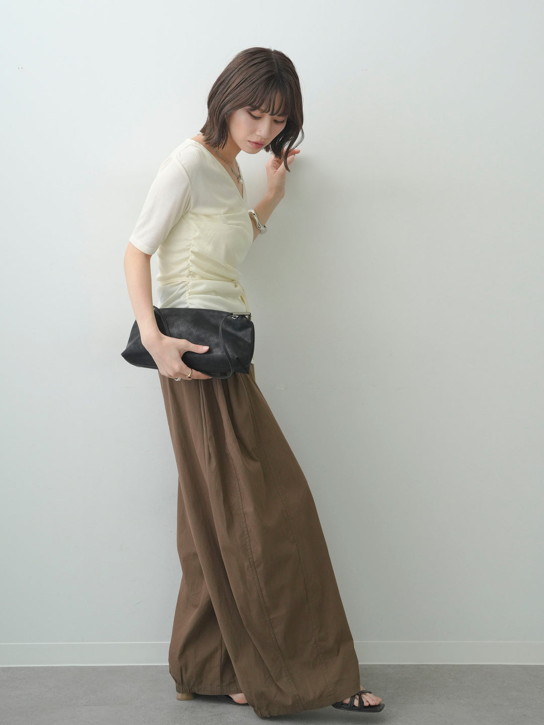 [SET]シアードレープカシュクールプルトップス+タックバックヘムギャザーライトパンツ(2set)