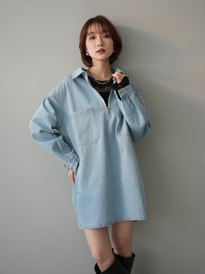 [予約]ハーフジップデニムミニワンピース/blue