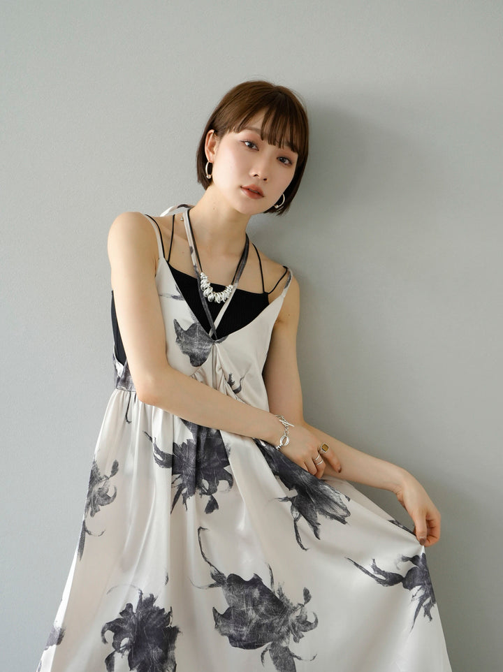 [SET] Flower Art Touch Cami Dress + Double Strap Cut Rib Bra Camisole (2set)