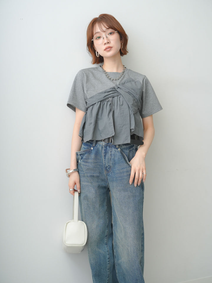 【着回しセット】[SET]ナイロンドッキングツイストTEE +ナイロンドッキングツイストTEE +ストーンウォッシュルーズフィットデニム(3set)