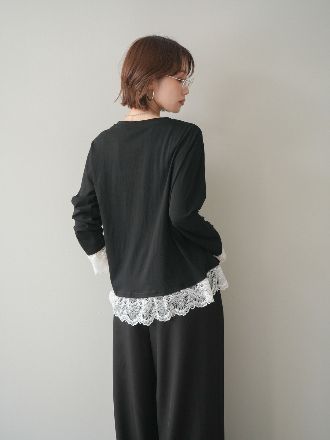 [予約]裾レースコンビカットソー/black