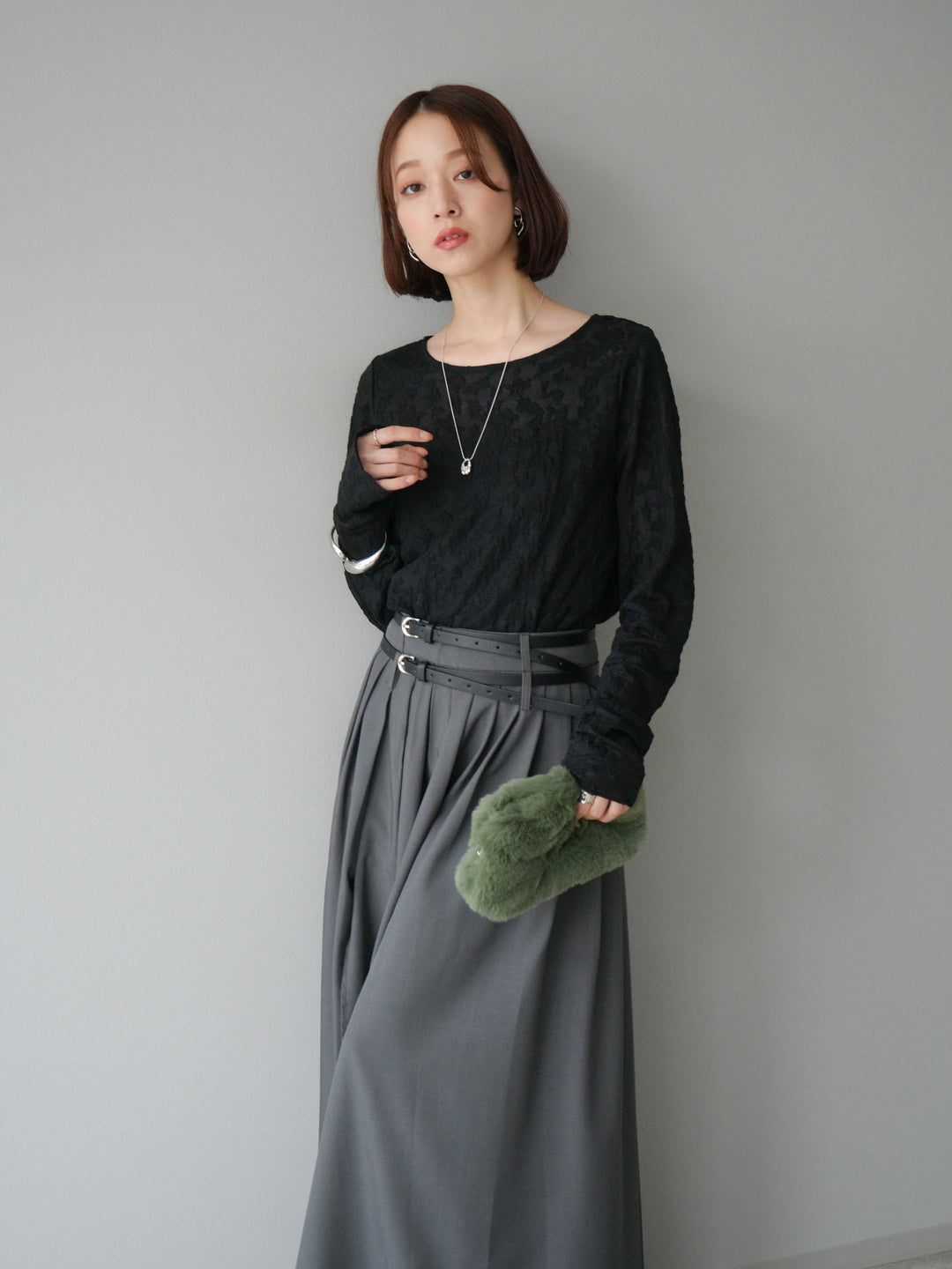 [SET]シアージャガードトップス+エステルプリーツスリットスカート(2set)