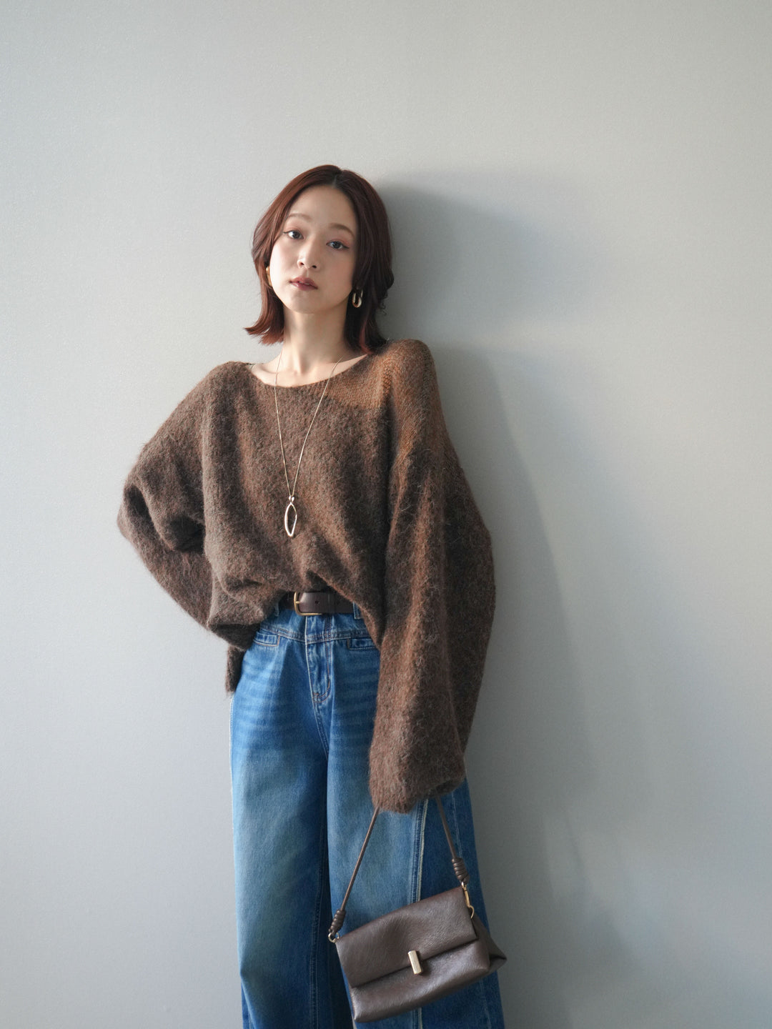 [SET]透かしデザインニットプルオーバー+サイドフリンジワイドデニムパンツ(2set)