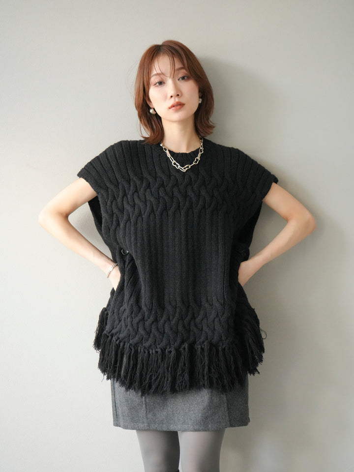 [予約]ケーブルニットフリンジベスト/ブラック