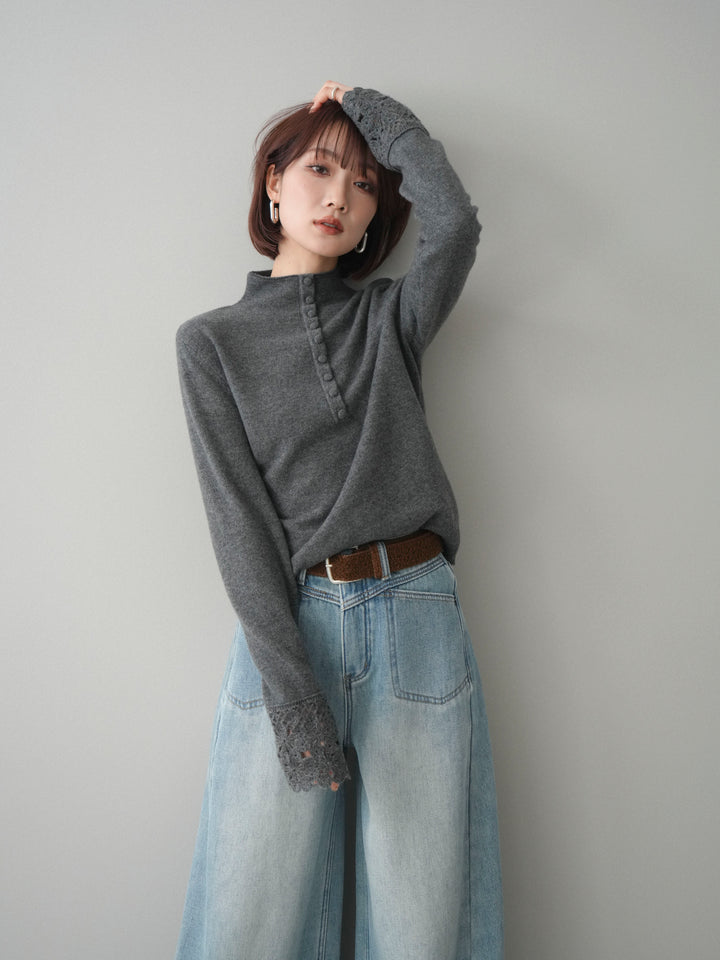 [SET]袖スカラップレースフロントボタンウールニットトップス+選べるアクセセット(2set)