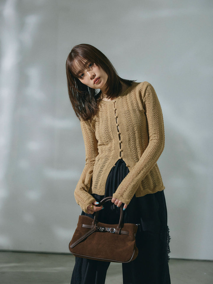 【Allure】[SET]透かし編みニットカーディガントップス+サイドピンタックレースイージーワイドパンツ(2set)