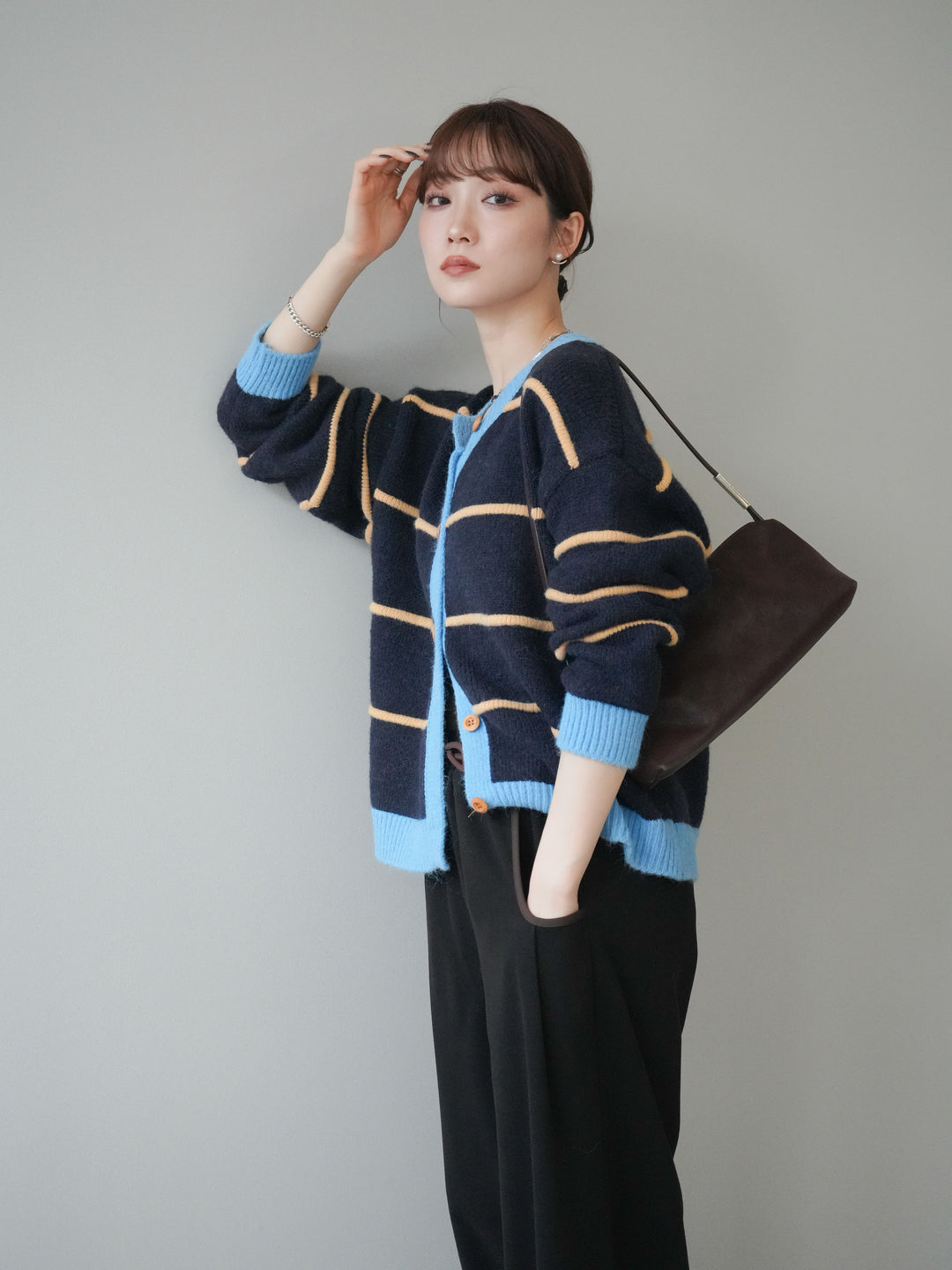 [予約]配色ボーダーニットカーディガン/navy