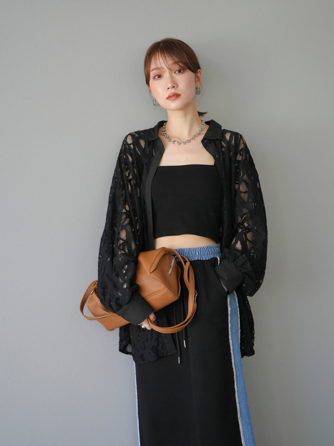 [SET]コードレースオーバーシャツ+デニムドッキングスウェットスカート(2set)