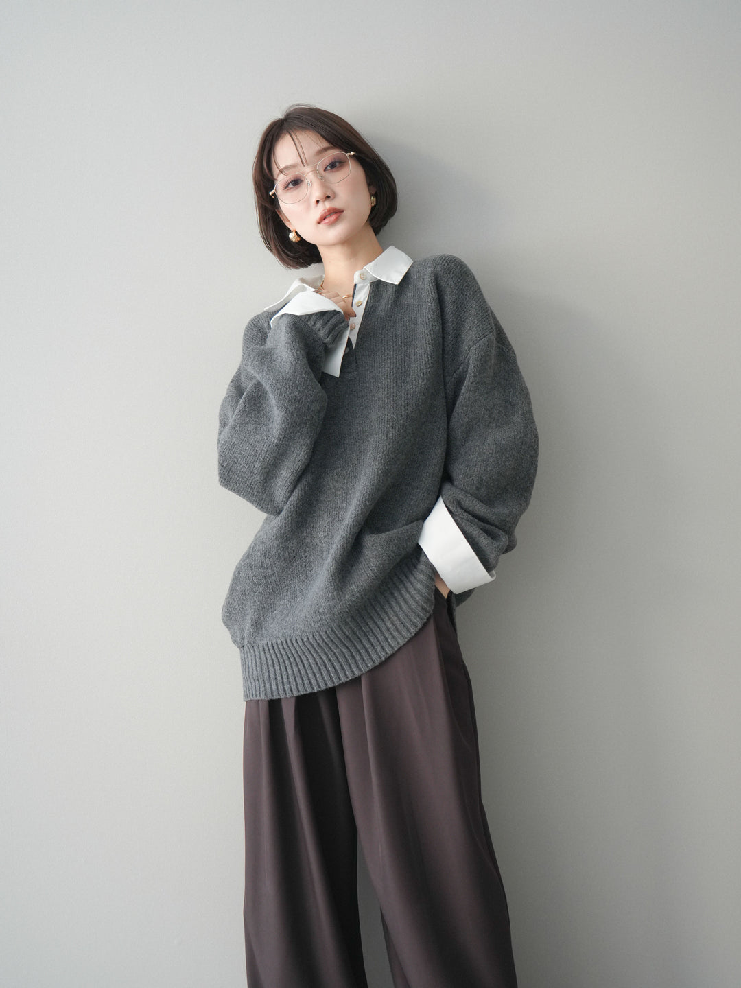 [予約]シャツドッキングオーバーニットプルオーバー/charcoaloff