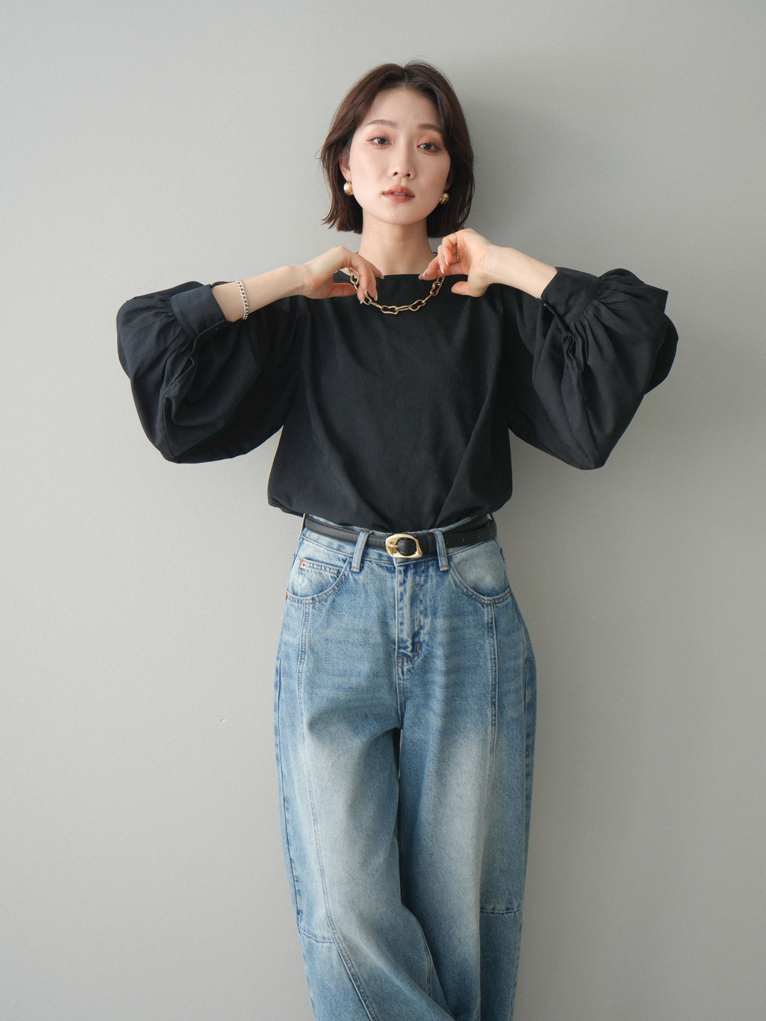 [予約]2WAYピーチスキンボリュームスリーブブラウス/black