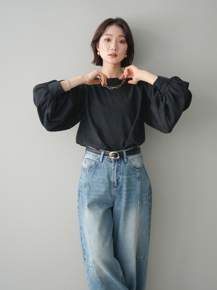 [予約]2WAYピーチスキンボリュームスリーブブラウス/black