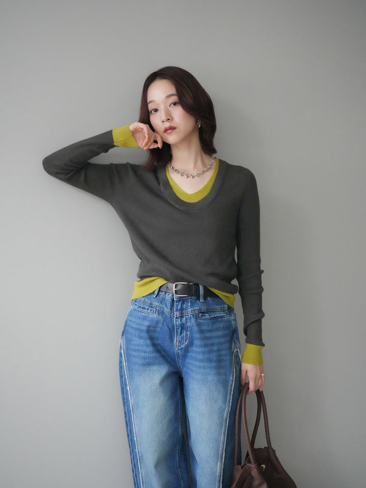 [SET]Uネック配色レイヤードリブニットトップス+サイドフリンジワイドデニムパンツ(2set)