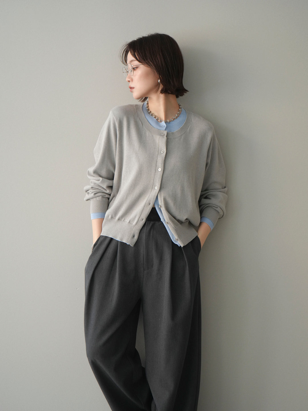[予約]配色レイヤードコットンアクリルニットカーディガン/mokugray