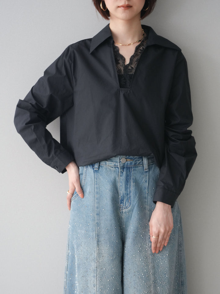 [SET]レースネックスキッパーブラウス+フロントビジューカーブデニムパンツ(2set)