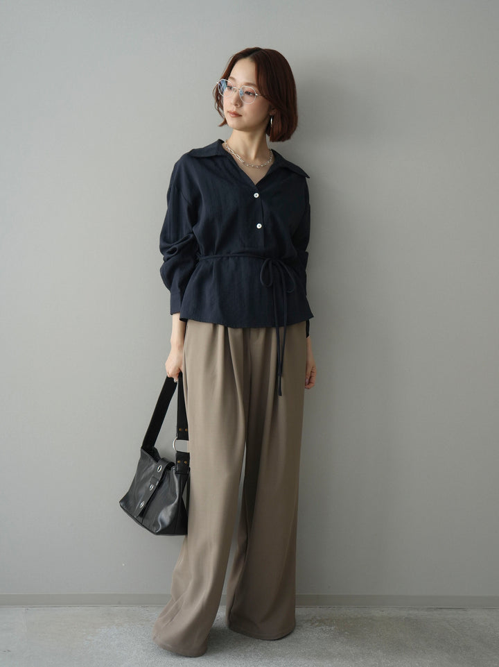 [SET]Vネック変形ラインシャツ+ベルト付キーホルダーモチーフワイドパンツ(2set)