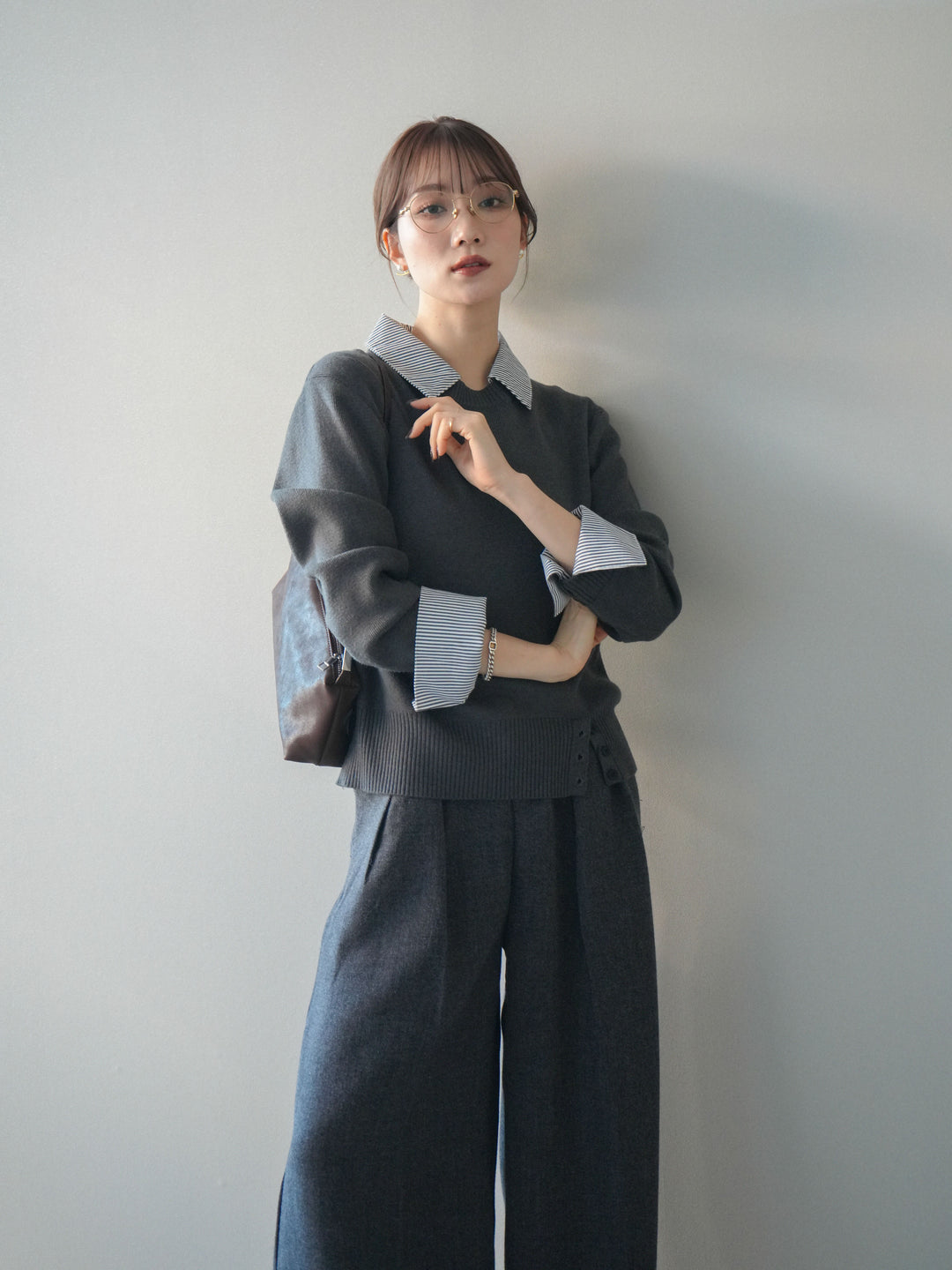 [予約]シャツドッキングデザイン裾ボタンニットプルオーバー/gray