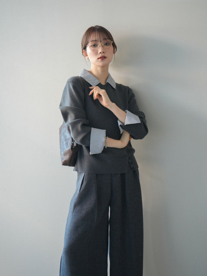 [予約]シャツドッキングデザイン裾ボタンニットプルオーバー/gray