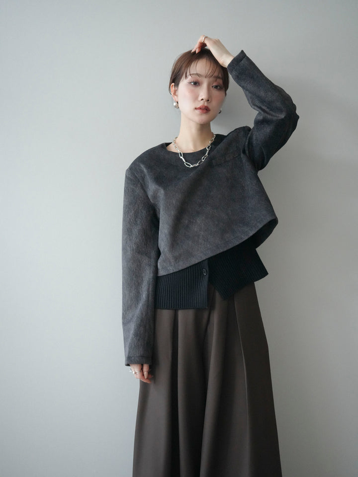 [予約]リブニットレイヤードスエードプルオーバー/charcoal