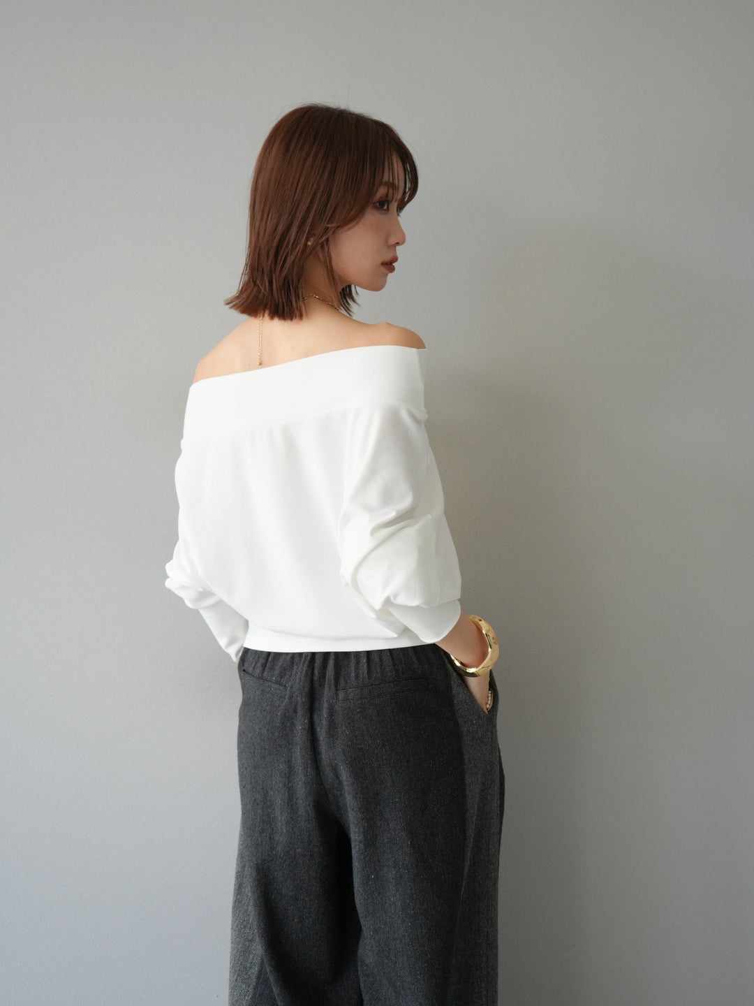 [予約]ベルト付オフショルカットソー/ホワイト