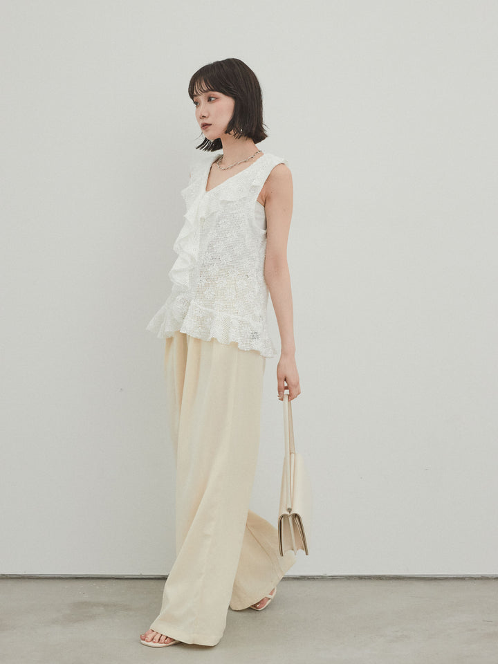 【預購】亞麻觸感褶皺寬褲/黃色