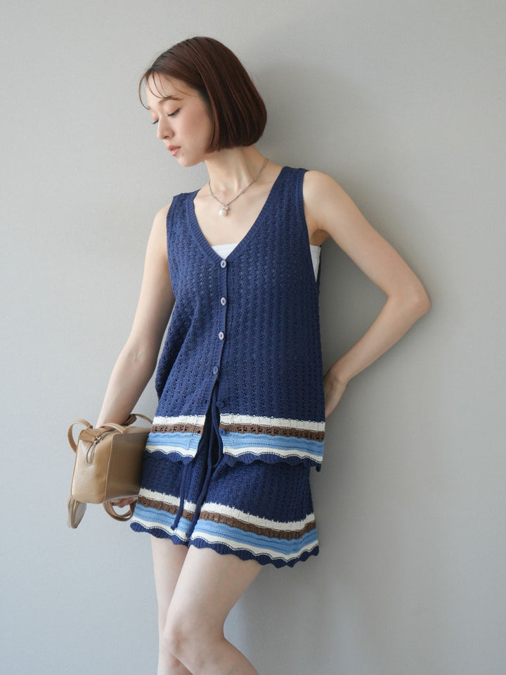 [SET]裾マルチボーダーニットベスト＆ショートパンツ SET UP(2set)