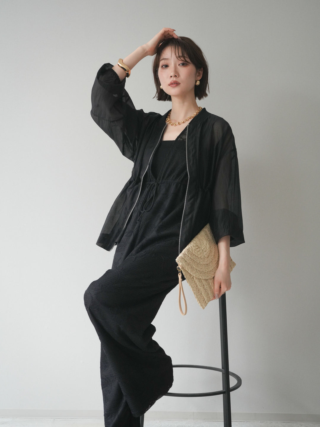 [SET]レース刺繍サロペット+ドロストシアーブルゾン(2set)