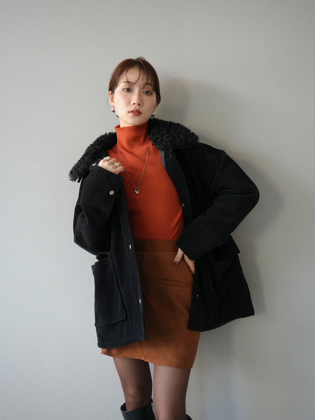 [予約]コーデュロイボア襟フライトジャケット/ブラック