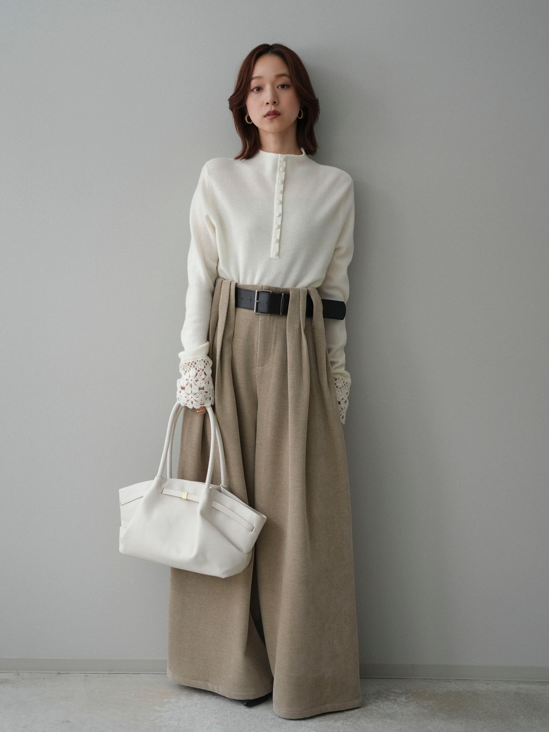 [SET]袖スカラップレースフロントボタンウールニットトップス+ベルトデザインループコールテンワイドパンツ(ベルト付き)(2set)