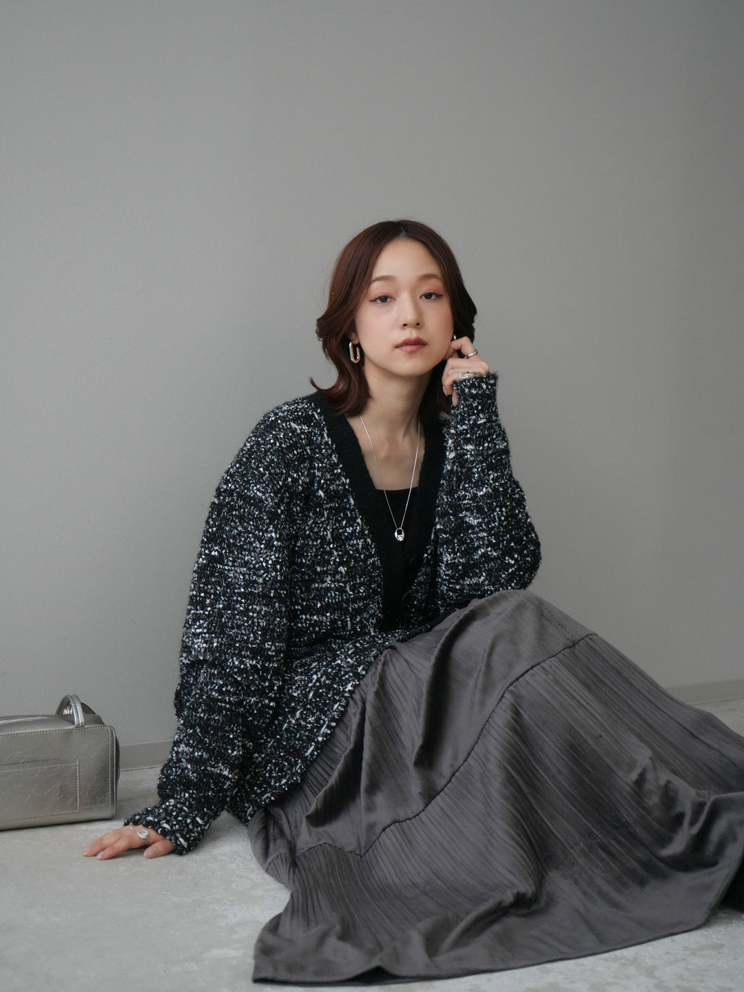 [SET]モールネップニットカーディガン+ベロアティアードワッシャースカート(2set)