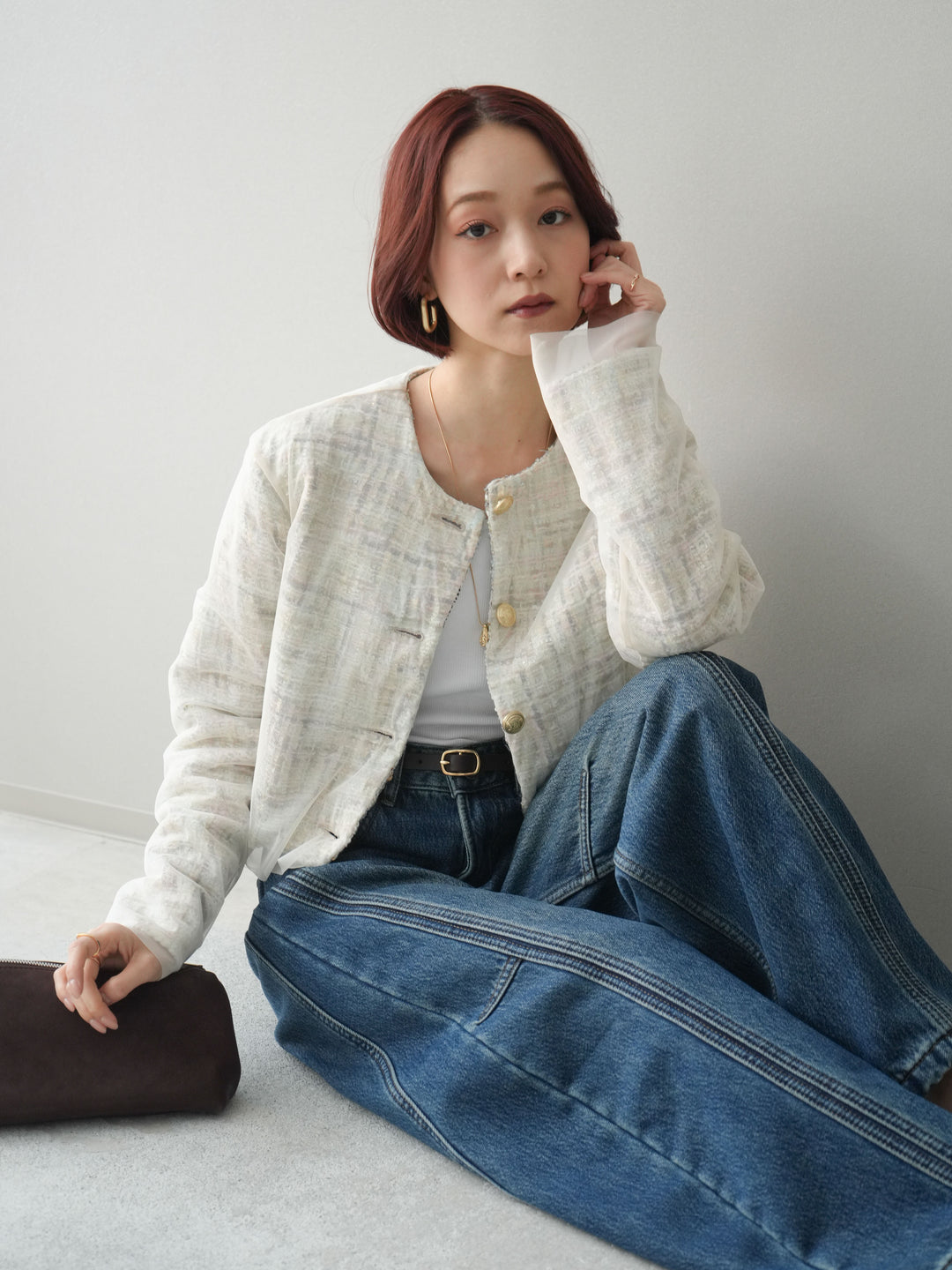 [予約]チュールレイヤードツイードクロップドジャケット/pink