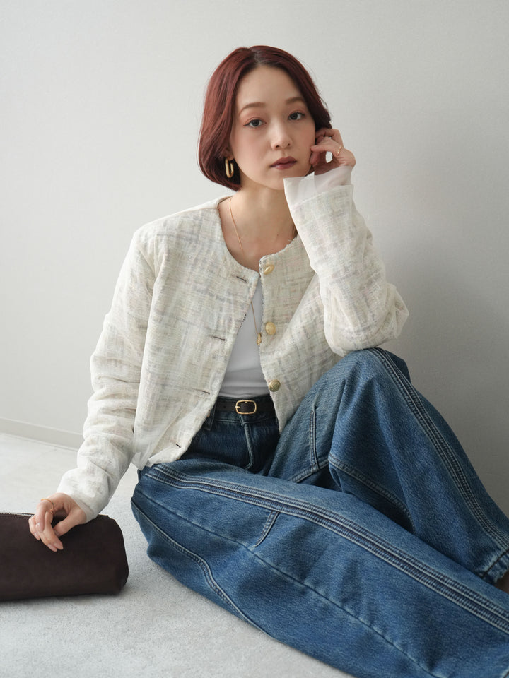 [予約]チュールレイヤードツイードクロップドジャケット/pink