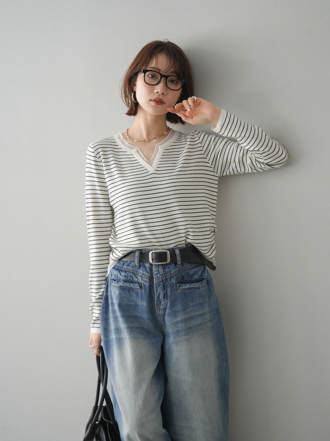 [SET]チュールレイヤードデザインボーダーニットトップス+チュールレイヤードデザインボーダーニットトップス(2set)