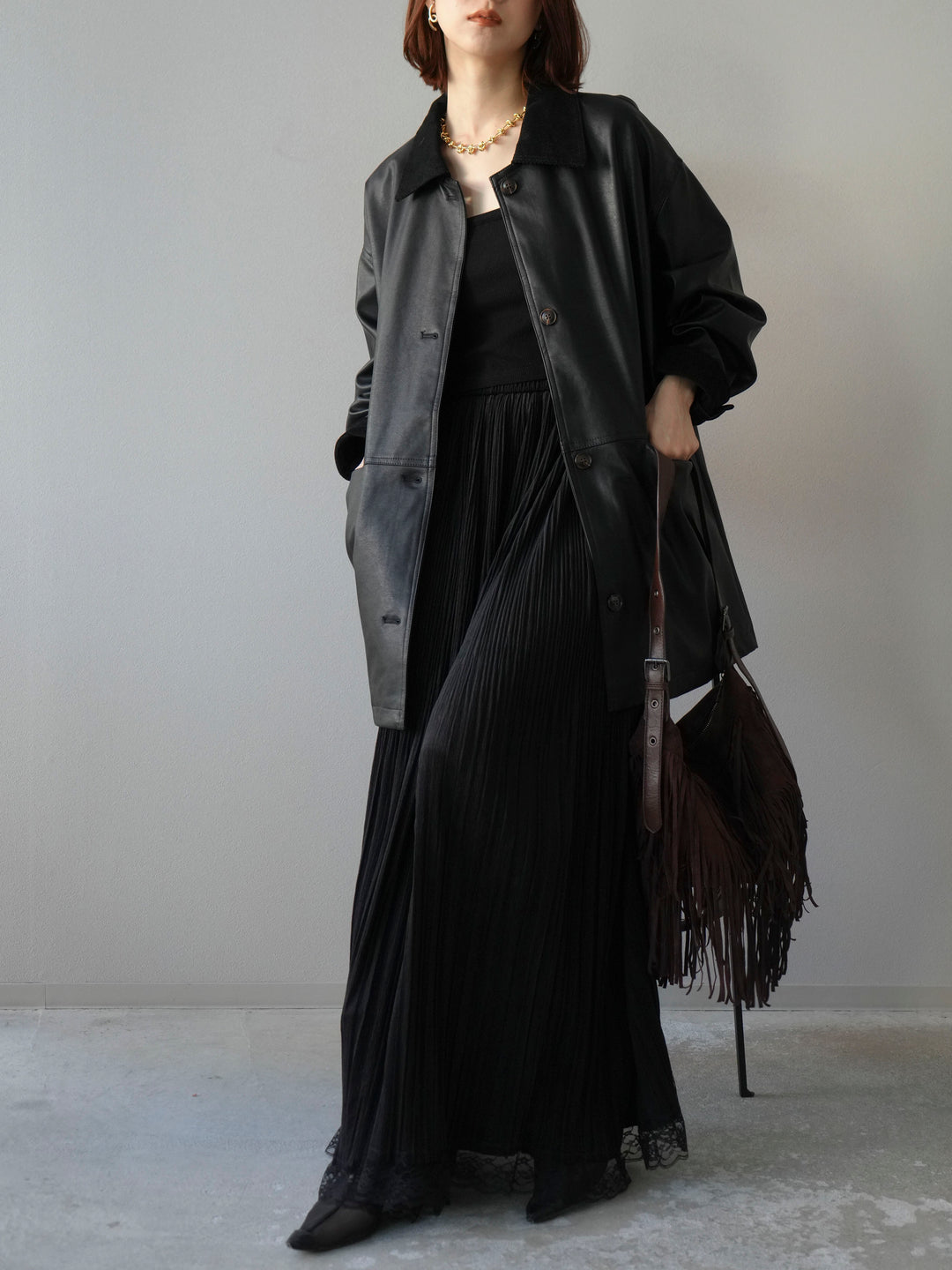 [予約]コーデュロイ襟レザーステンカラージャケット/ブラック