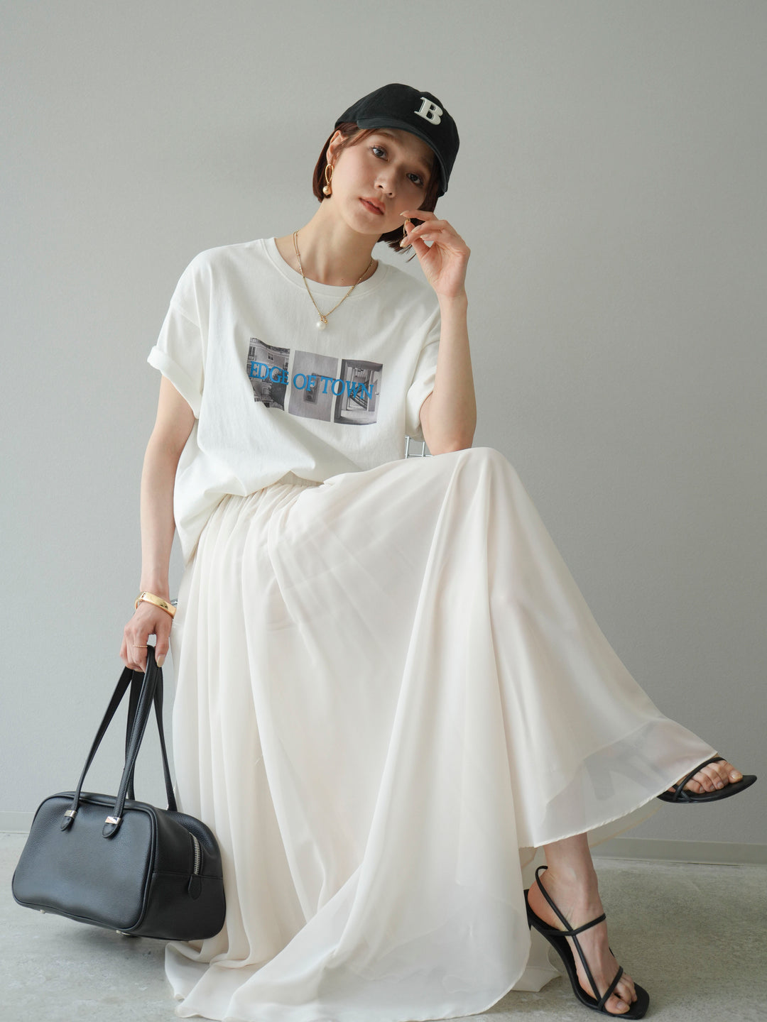 [SET]ネオンロゴコラージュフォトプリントオーバーTシャツ+シフォンフレアスカート(2set)