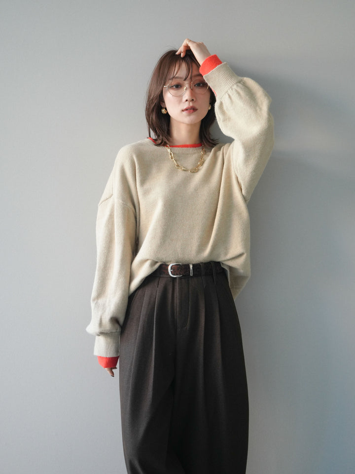 [予約]ヘンリーネック配色レイヤードニットプルオーバー/beige