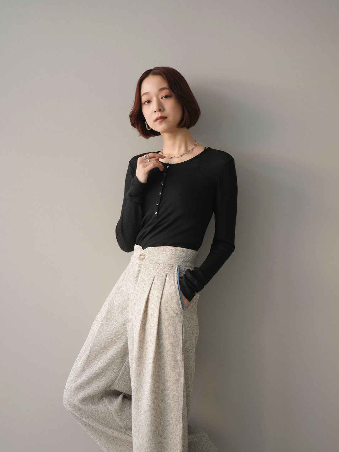 [予約]シアーリブヘンリーネックロンT/black