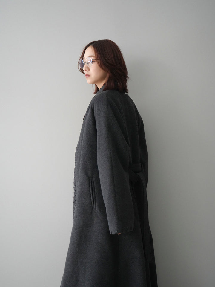 [SET]ハンドステッチ裏中綿ロングコート+モヘア衿付きボタンプルオーバー+テープベルトタックバギーパンツ(3set)