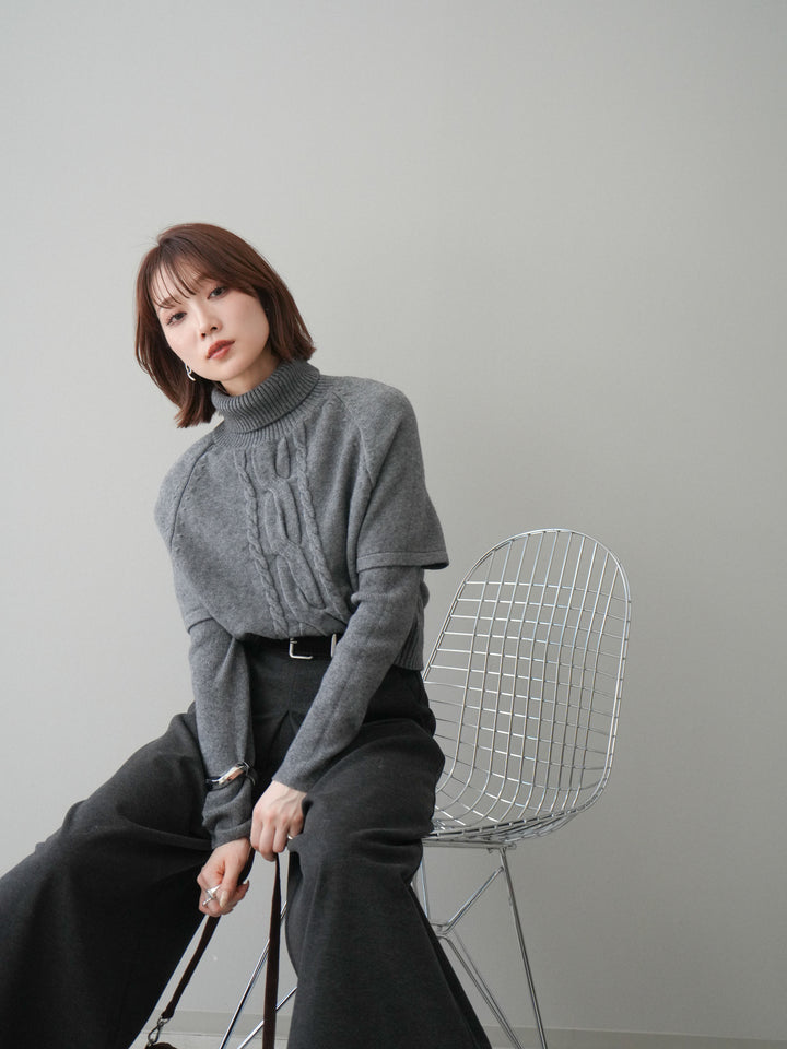[予約]ケーブル編みタートルハーフスリーブニットアンサンブル/gray