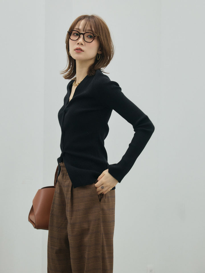 【Allure】[SET]フロントツイストリブニットトップス+チェック柄タックワイドパンツ(2set)